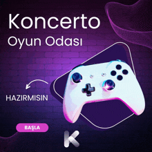 an advertisement for konserto oyun odasi shows a game controller on a purple background