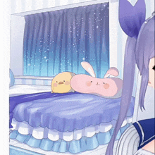 a cartoon drawing of a girl looking at a bed with a stuffed animal on it