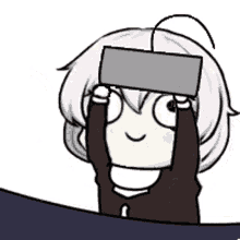 a cartoon character is holding a block in front of her eyes .