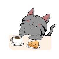 a cat is sitting at a table with a cup of coffee and a piece of pie .