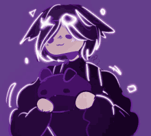 a drawing of a girl holding a stuffed animal with a purple background