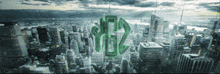 an aerial view of a city with a green y2 logo