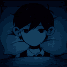 a drawing of a boy in a bed with a blue background