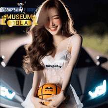 a woman in a white dress holds a basketball in front of a car