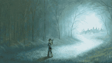 a painting of a man and a woman hugging in the woods