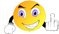 a yellow smiley face with purple eyes and a middle finger