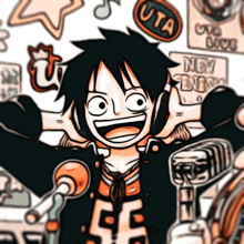 a drawing of luffy from one piece with a sticker that says uta on it