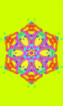 a colorful circular pattern on a yellow background that looks like a kaleidoscope