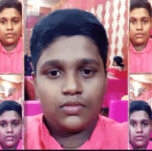 a young boy in a pink shirt is surrounded by a collage of his faces