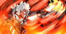 a cartoon character with a sword is surrounded by flames and fire