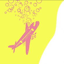 a pink airplane with bubbles coming out of it 's nose on a yellow background