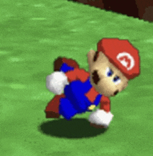 mario is flying through the air in a video game while wearing a red hat .