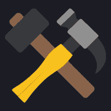 a hammer with a yellow handle is crossed with a hammer with a black handle