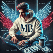 a man wearing a hoodie with the letter mb on it is using a laptop