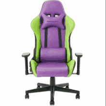 a purple and green office chair with a pillow on the back