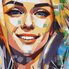 a colorful painting of a woman smiling with a blue eye