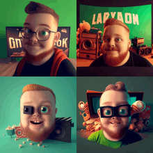 four pictures of a man with a beard and glasses with the word larxaon on a green background