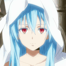 a girl with blue hair and red eyes has a white hood on her head