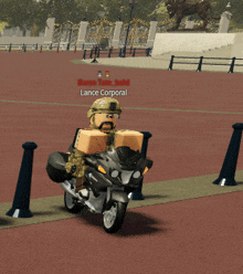 a toy soldier is riding a motorcycle with lance corporal written on the screen