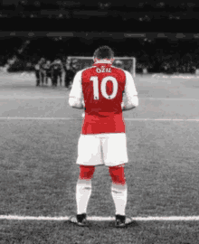 a soccer player wearing a red and white jersey with the number 10 on it is standing on a field .