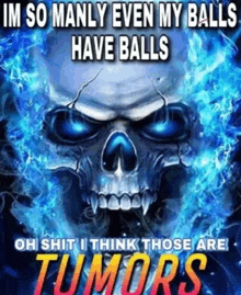 a skull with blue flames coming out of it and the words `` im so manly even my balls have balls `` .