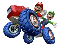 mario and luigi are riding a vehicle that says mario & luigi on the tires