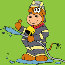 a cartoon drawing of a cow dressed as a fireman spraying water