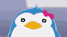 a cartoon penguin with a pink bow around its neck