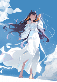 a drawing of a girl in a white dress with a blue sky in the background