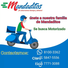 a man wearing a mask is riding a scooter with mandatitos written on the bottom