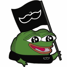 a frog is holding a black flag with a mustache on it .