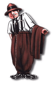 a cartoon of a man wearing a hat and suspenders holding a jacket .