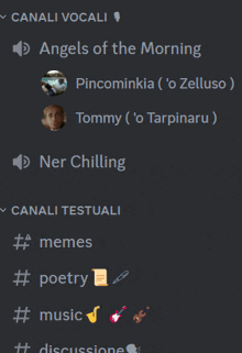 a screenshot of a discord channel with angels of the morning pincominkia and tommy on it