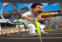 a cartoon character is riding a bicycle in front of a sign for the action race