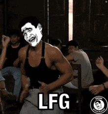 a man with a face painted on his face is dancing in front of a group of people and the word lfg is on the bottom