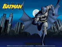 a cartoon of a batman running through a city at night .