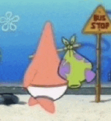 patrick star from spongebob squarepants is standing in front of a yellow sign that says bus stop