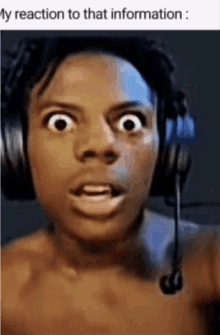 a shirtless man wearing headphones and a microphone is making a surprised face .