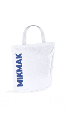 a white mikmak tote bag with a white handle