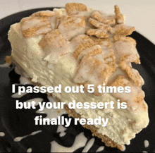 a slice of cheesecake on a black plate with the words " i passed out 5 times but your dessert is finally ready " on top