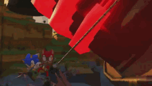 a pixel art of sonic the hedgehog and knuckles flying through the air