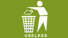 a green background with a person throwing something into a trash can and the word useless