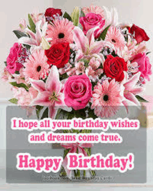 a birthday card with a bouquet of pink and red flowers