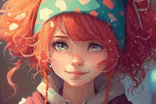 a close up of a painting of a girl with red hair wearing a headband and smiling .