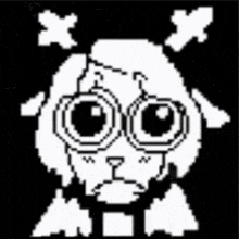 a black and white pixel art of a sheep with glasses and angry eyes .