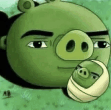 a cartoon pig with shrek 's face on it is holding a baby pig in its mouth .