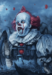 a painting of a clown holding a house with blood coming out of his mouth