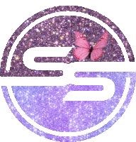 a purple and white logo with a pink butterfly on top