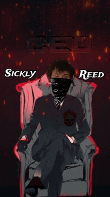 a man in a suit and bandana is sitting in a chair with the words " sickly reed " written above him