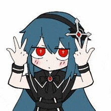 a cartoon girl with long blue hair and red eyes is wearing a black dress and a headband with a cross on it .